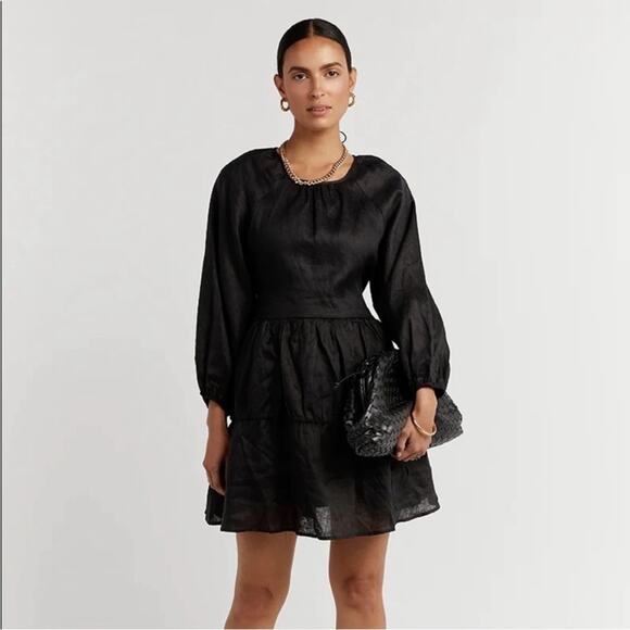 DISSH Lenore Black Long Sleeve Linen Tiered Mini Dress, Size AUS 14/US 10 - Picture 1 of 13
